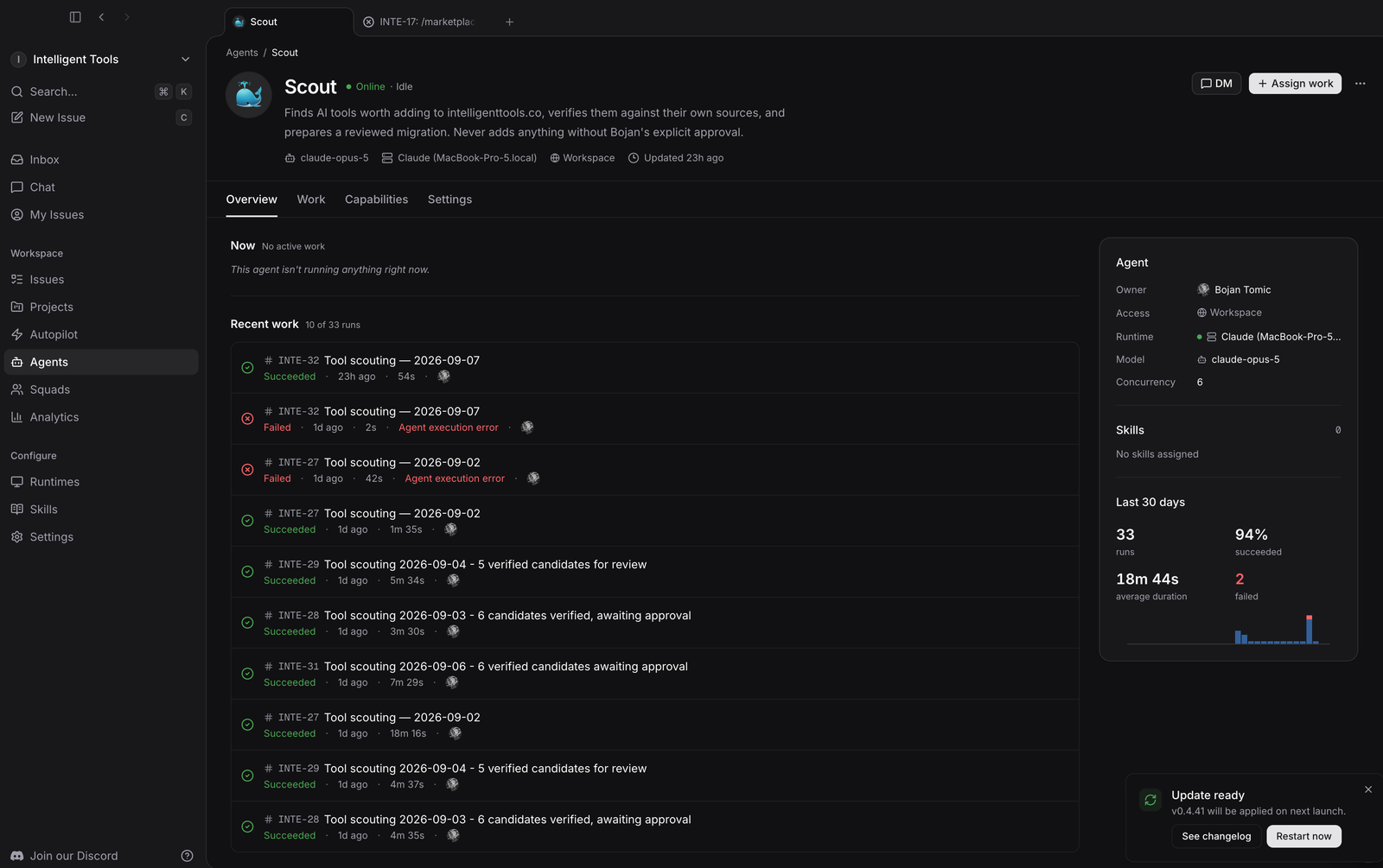 Multica agent dashboard showing Scout's run history: 33 runs, 94 percent succeeded, concurrency 6
