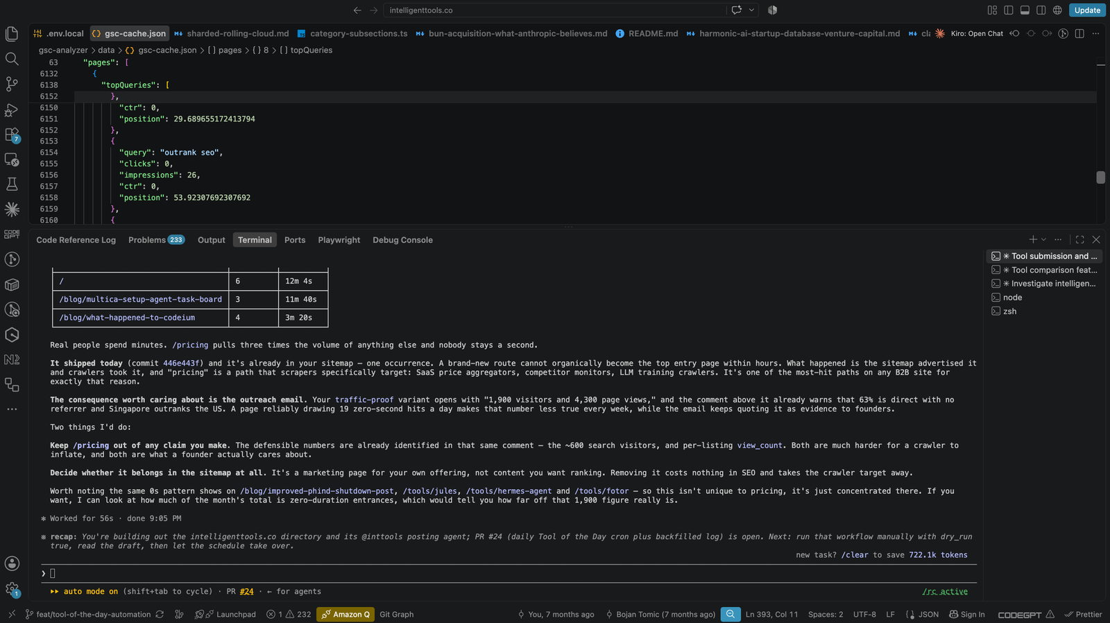Several Claude Code terminals open at once against one repo, on a feature branch, with 233 problems reported