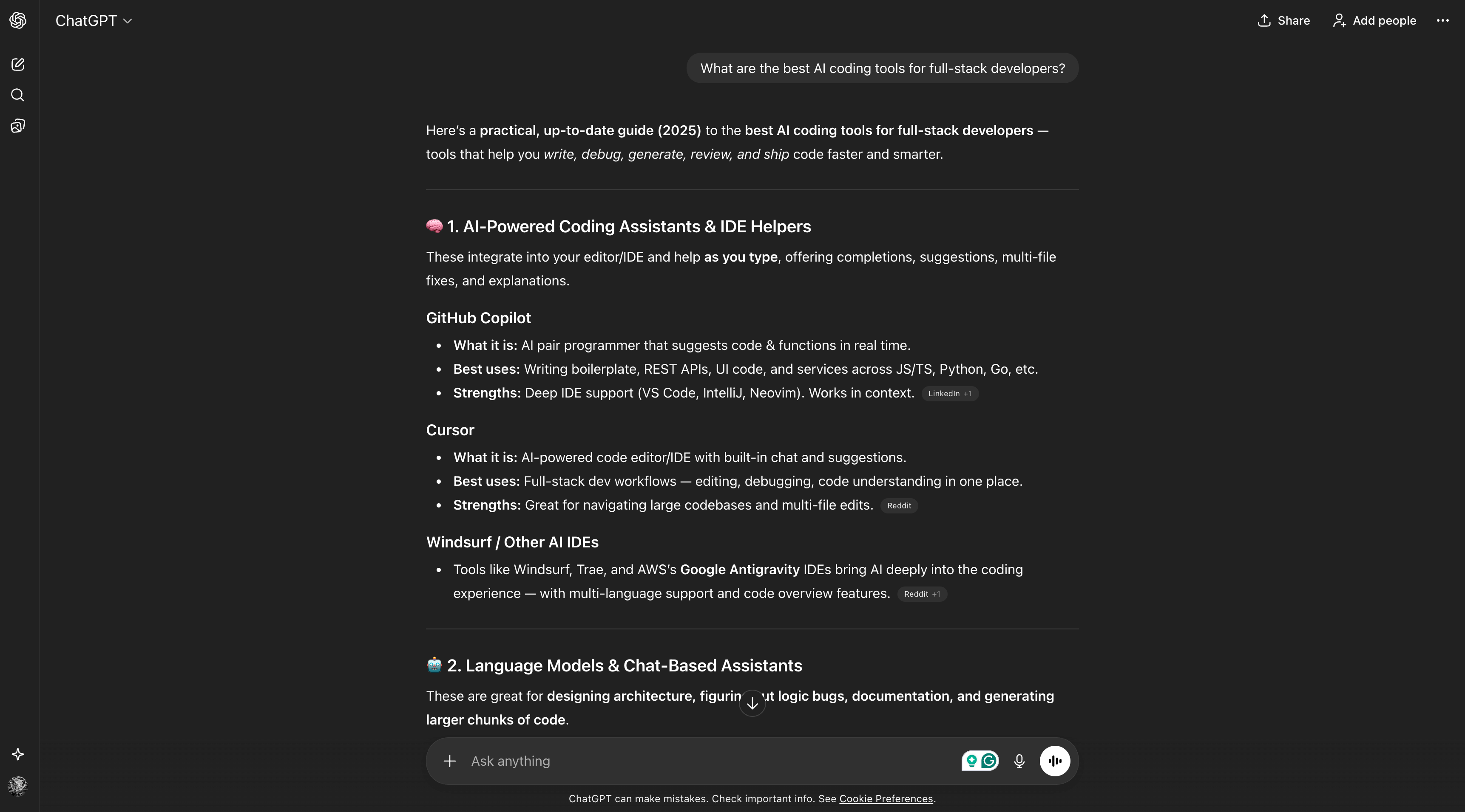 ChatGPT response showing recommended AI coding tools with citations