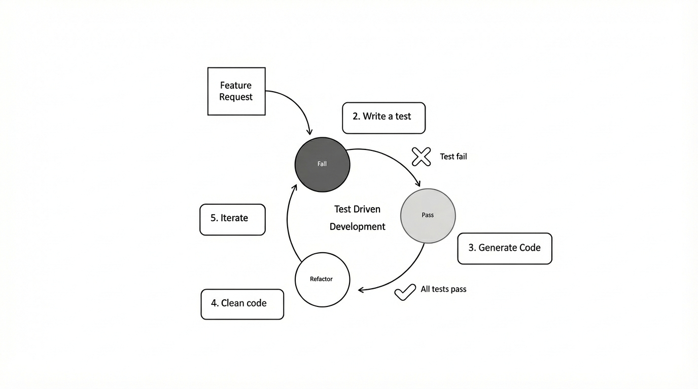 TDD workflow: Write failing test, prompt AI to fix, add edge cases, iterate