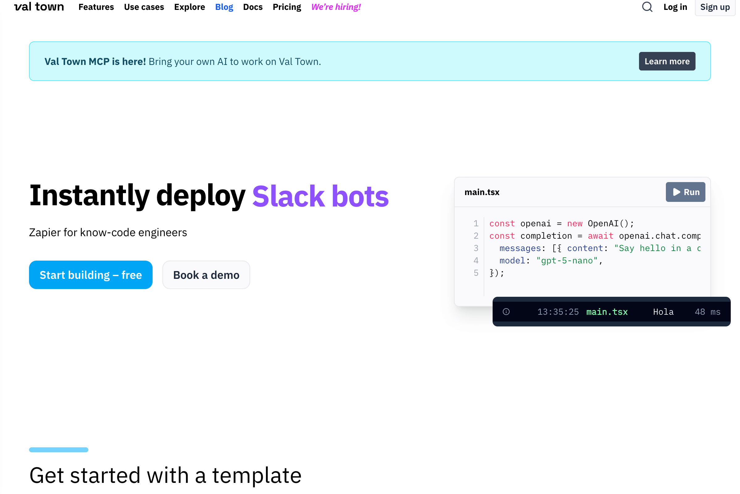 Val Town's main interface showing the Townie editor