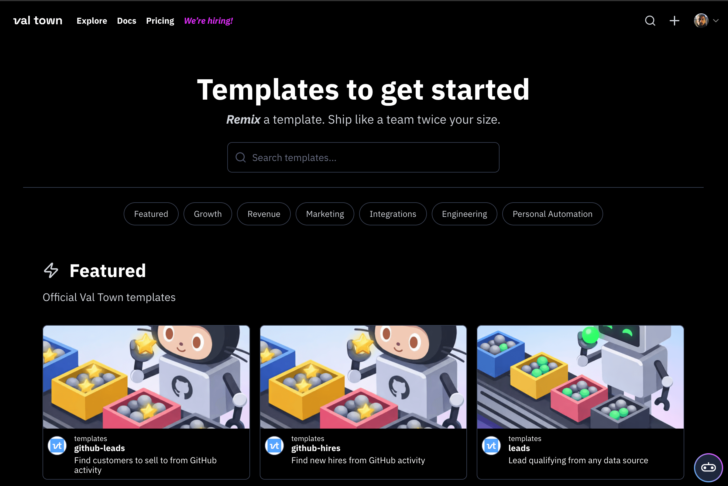 Val Town's template library for quick project scaffolding