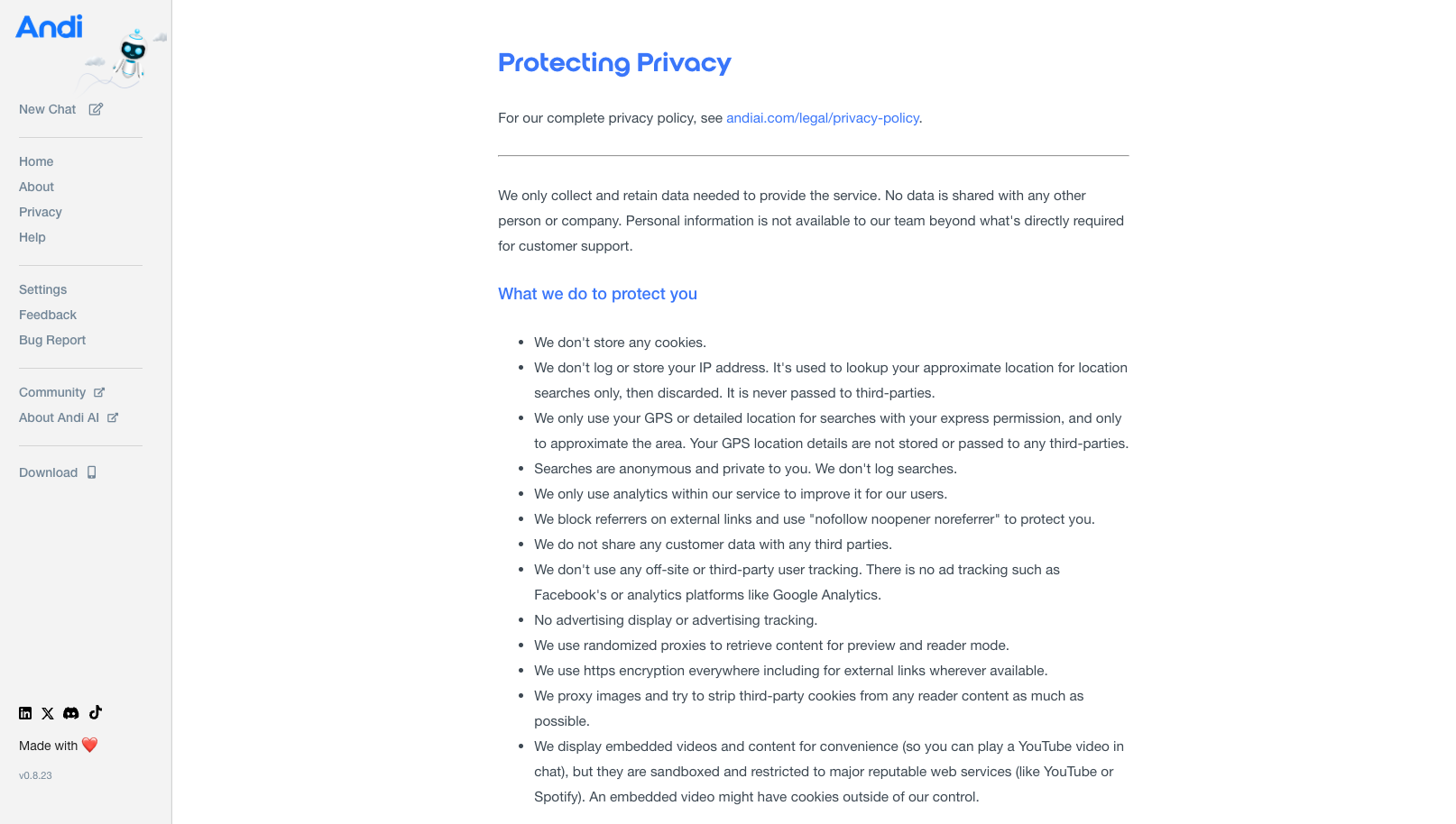 Andi Search privacy page headed Protecting Privacy, listing no cookies, no IP address logging, no search logging, analytics only within the service and no advertising or ad tracking