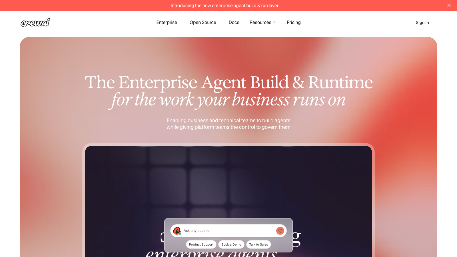 CrewAI homepage showing The Enterprise Agent Build and Runtime for the work your business runs on