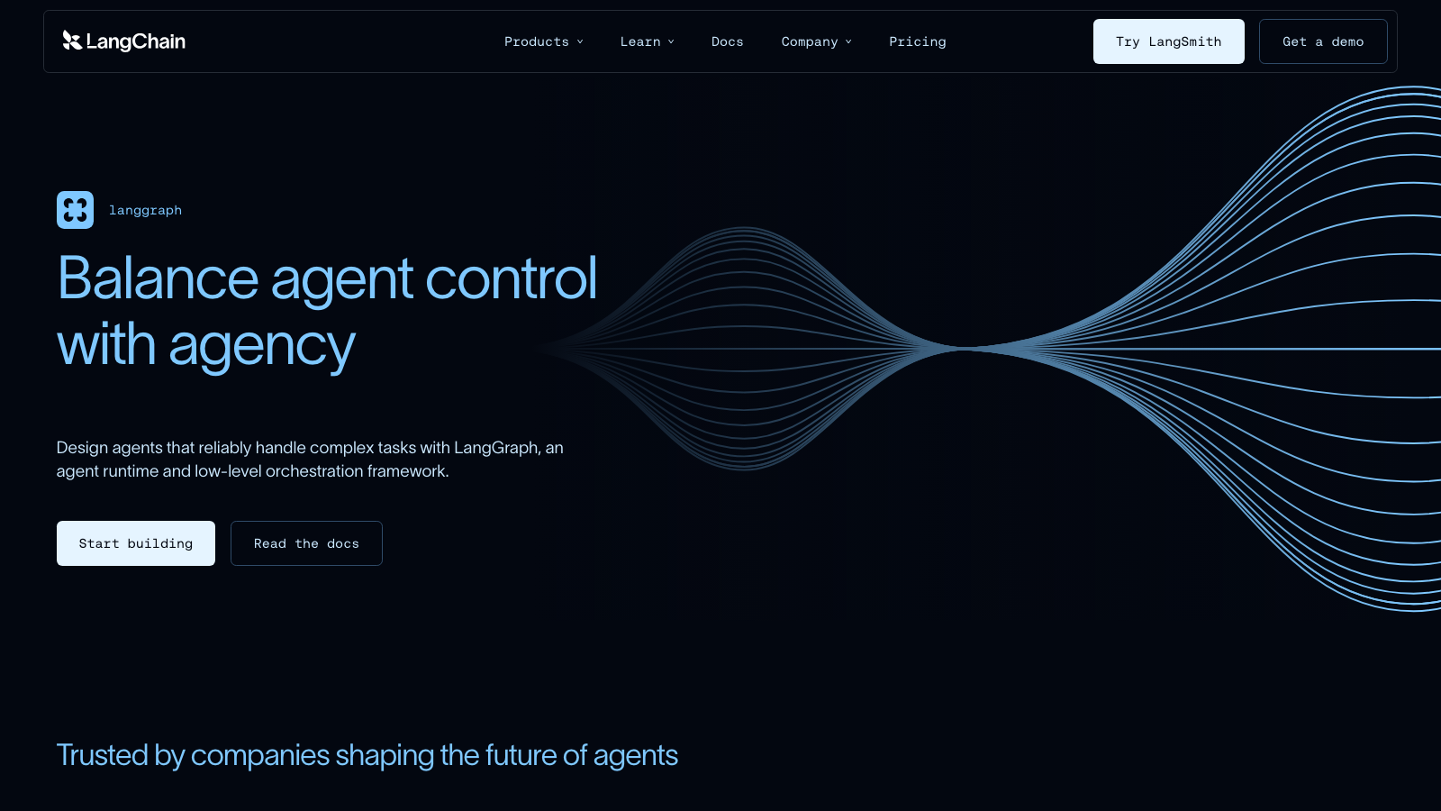 LangGraph homepage showing the stateful agent framework with the tagline Balance agent control with agency