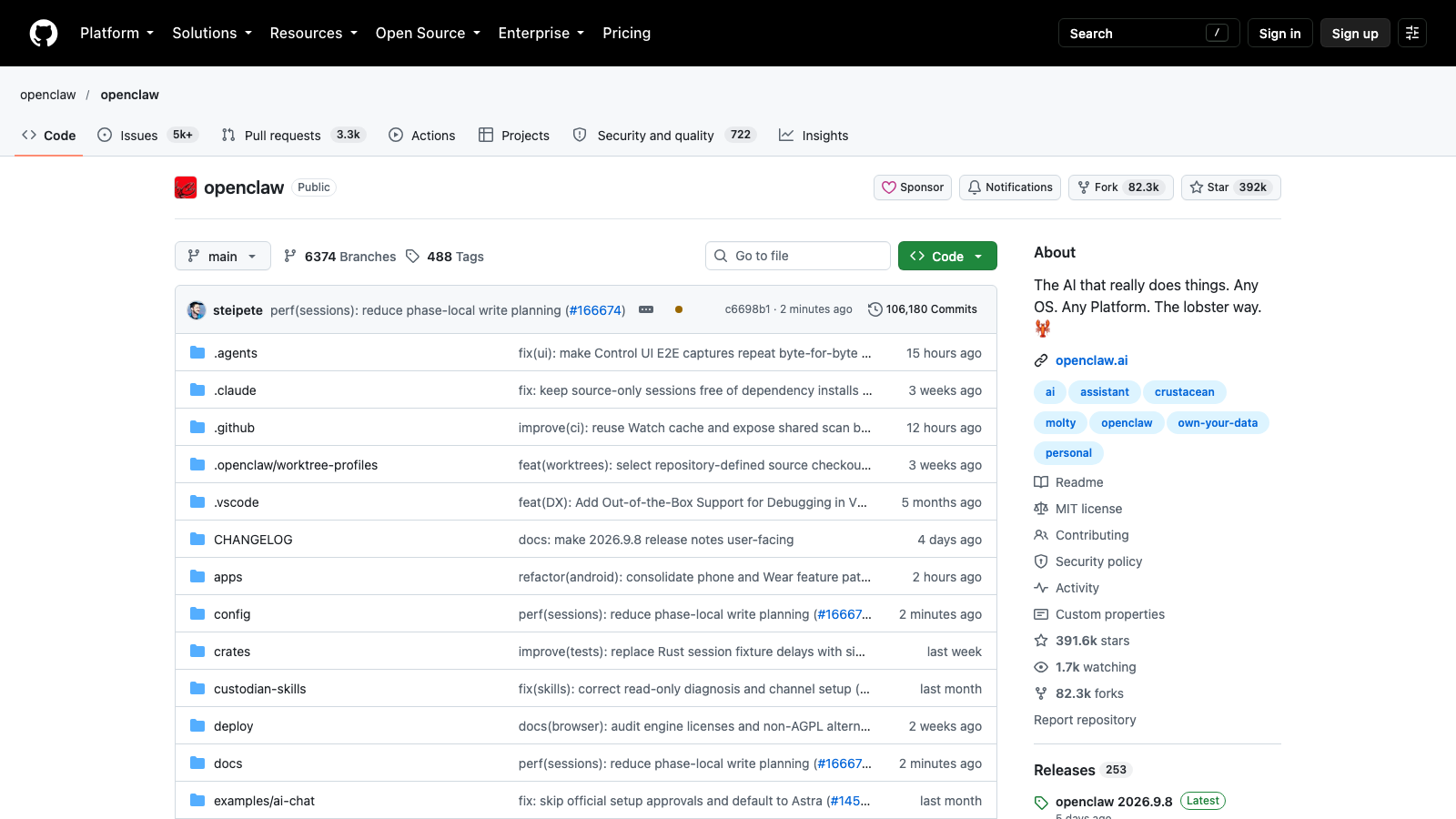 OpenClaw GitHub page showing 392k stars, MIT license, and recent commits