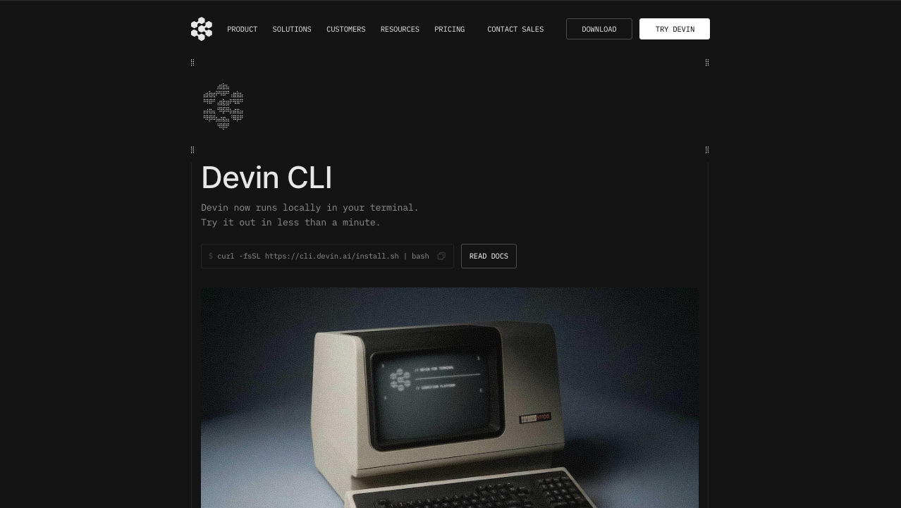 Devin CLI page showing that Devin now runs locally in the terminal, installed with a single curl command