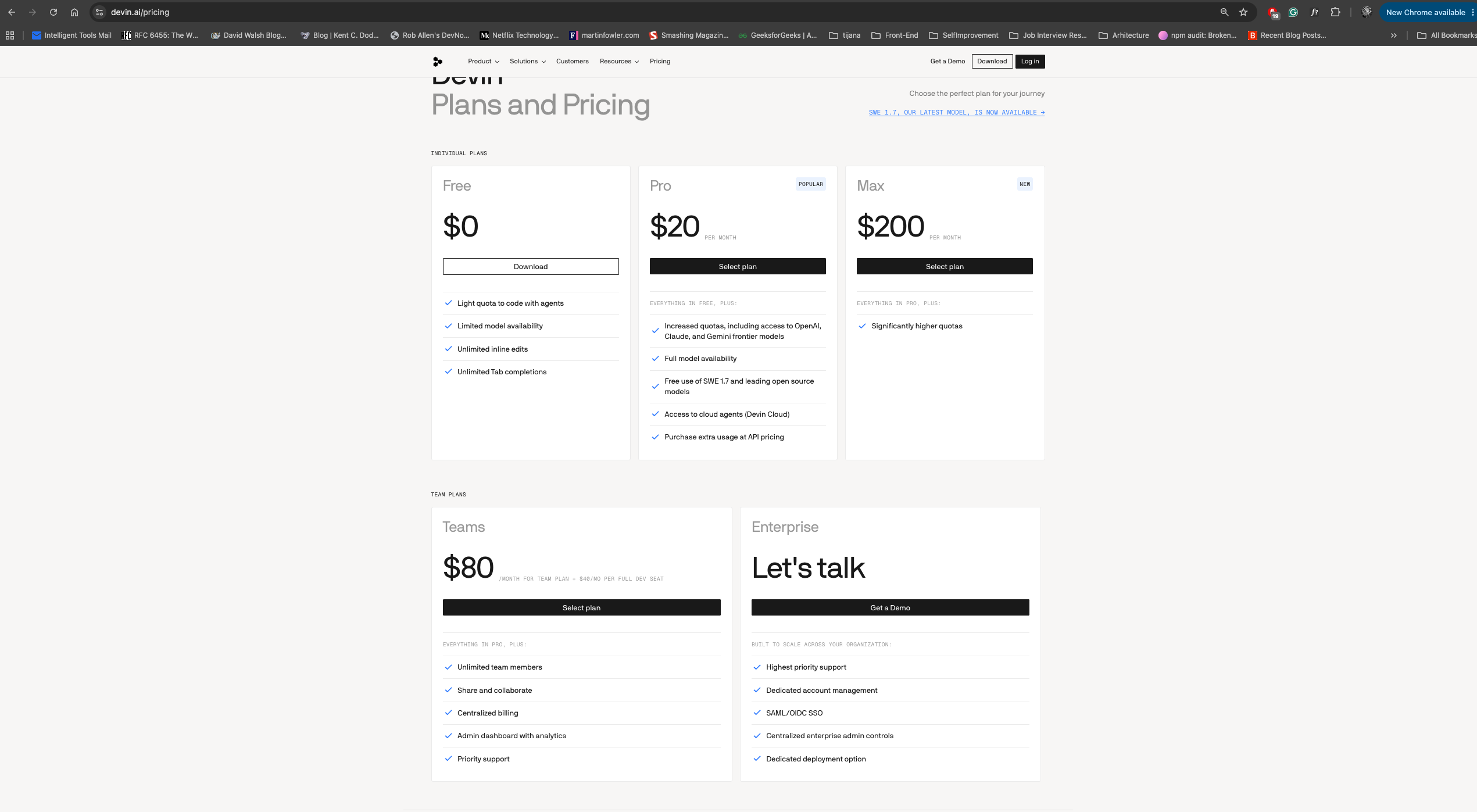 Devin plans and pricing page showing Free at zero dollars, Pro at twenty dollars per month, Max at two hundred dollars per month, Teams at eighty dollars plus forty per seat, and Enterprise