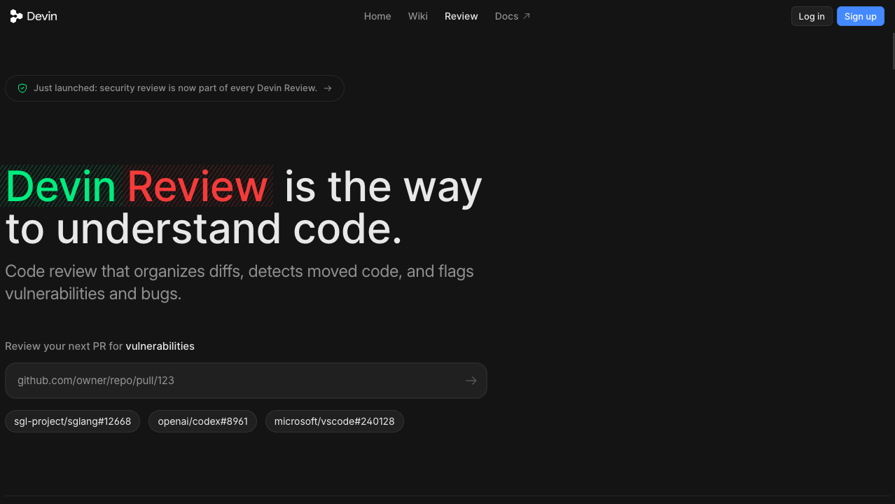 Devin Review product page, a code review tool that organizes diffs, detects moved code and flags vulnerabilities, with security review included in every review
