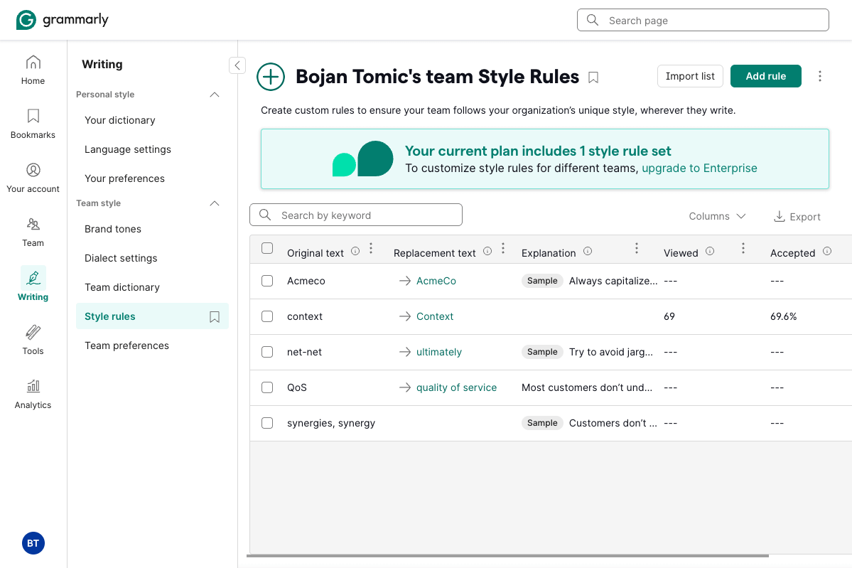 Grammarly style enforcement suggestions