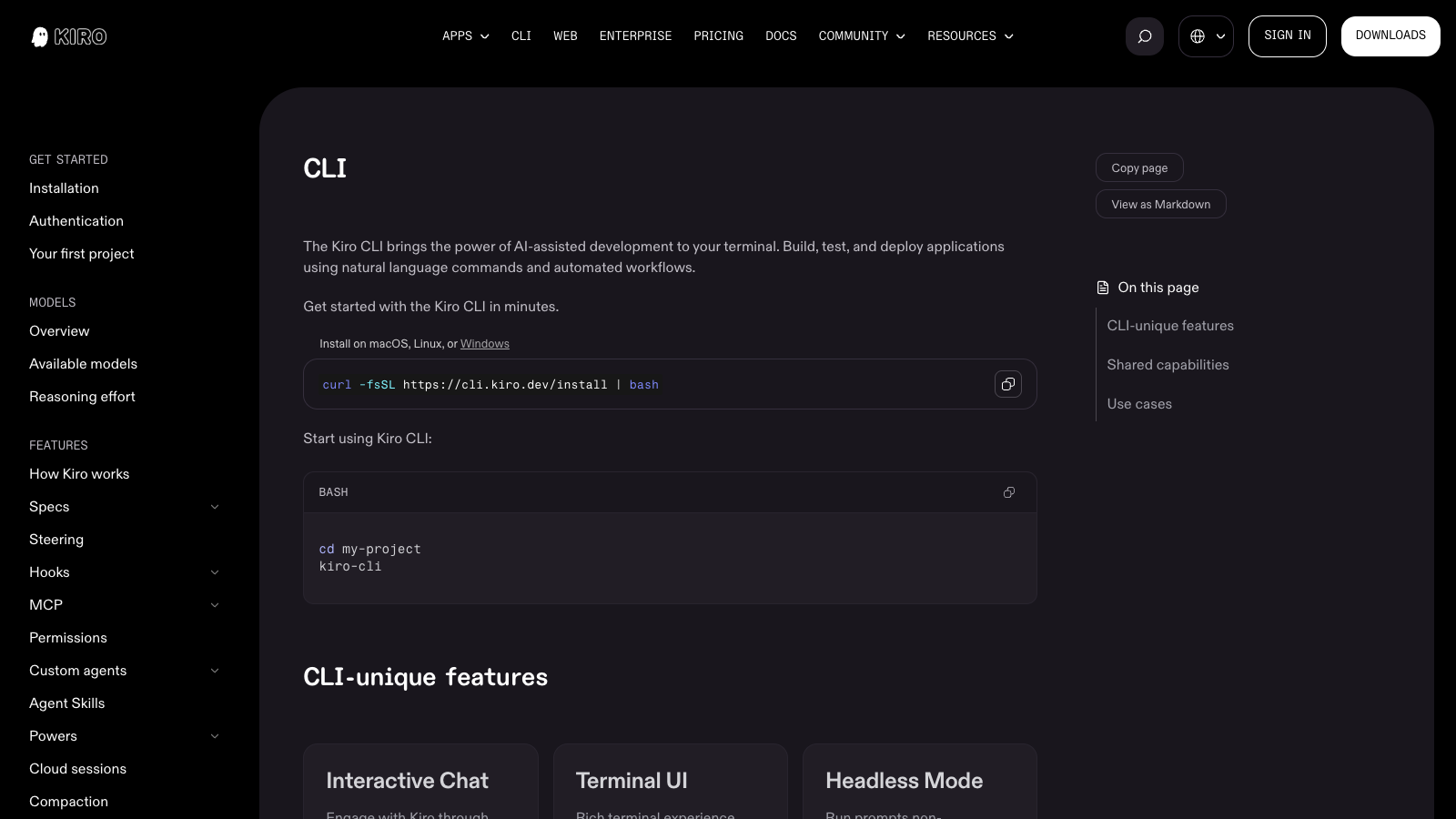 The Kiro CLI documentation page showing the curl install command, the kiro-cli invocation, and CLI-unique features including Interactive Chat, Terminal UI and Headless Mode