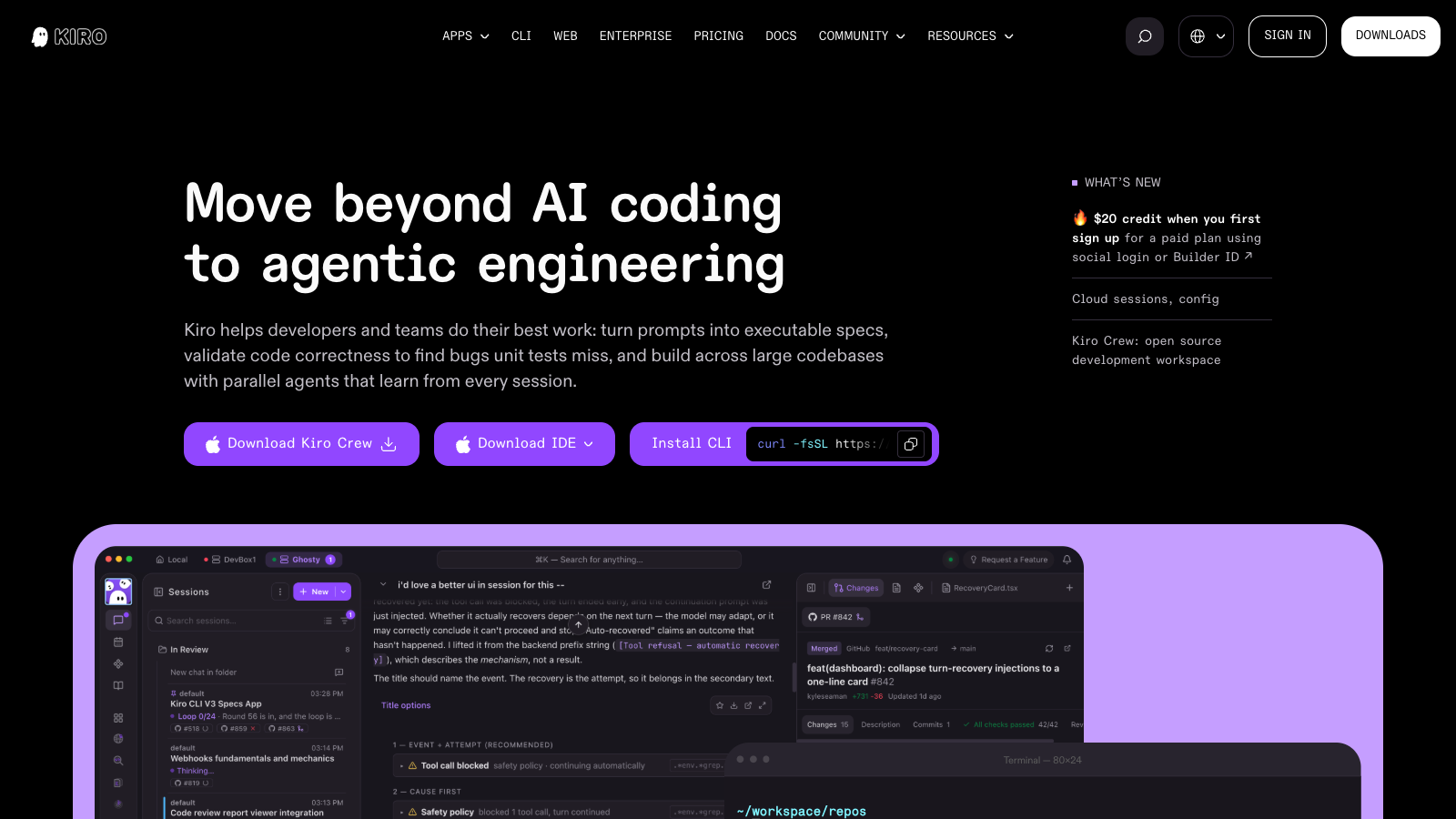 The Kiro homepage headlined Move beyond AI coding to agentic engineering, with three buttons: Download Kiro Crew, Download IDE, and Install CLI showing a curl command