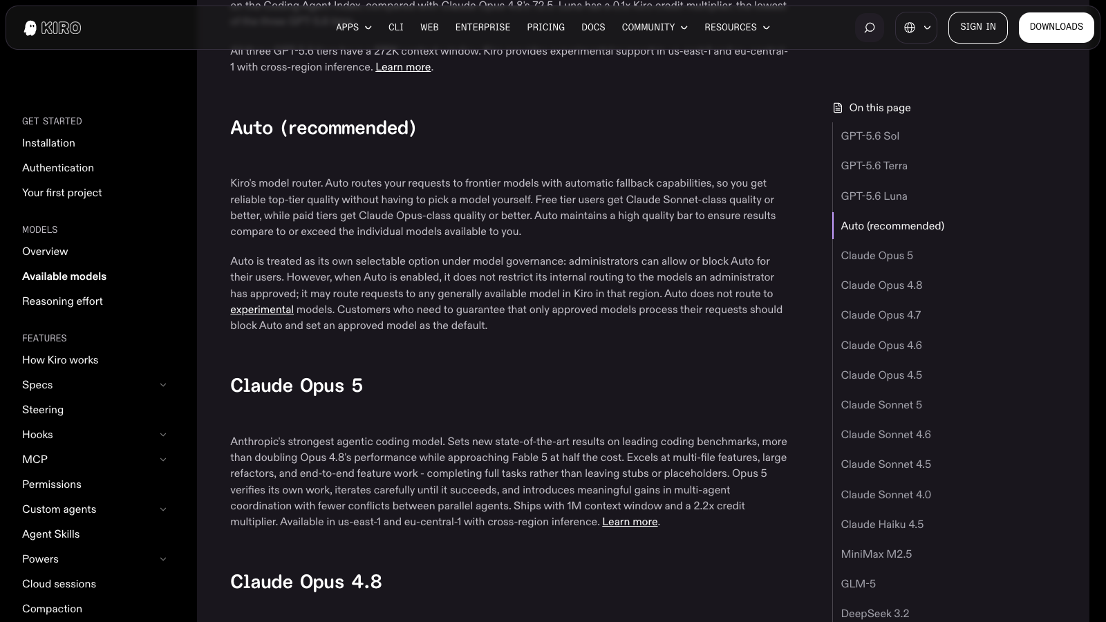 Kiro's available models documentation listing Claude Opus 5 with a 1M context window and a 2.2x credit multiplier, above a sidebar listing every selectable model