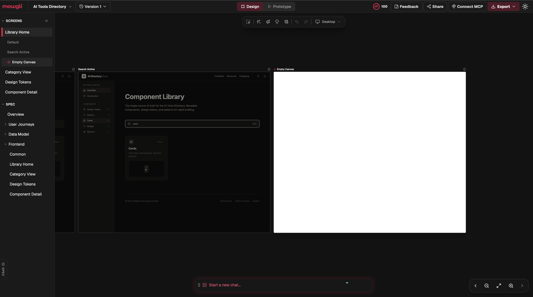 Mowgli canvas showing two states of the Library Home screen side by side: Search Active, where the query card filters the grid to one Cards tile, and Empty Canvas, which renders as a blank white frame