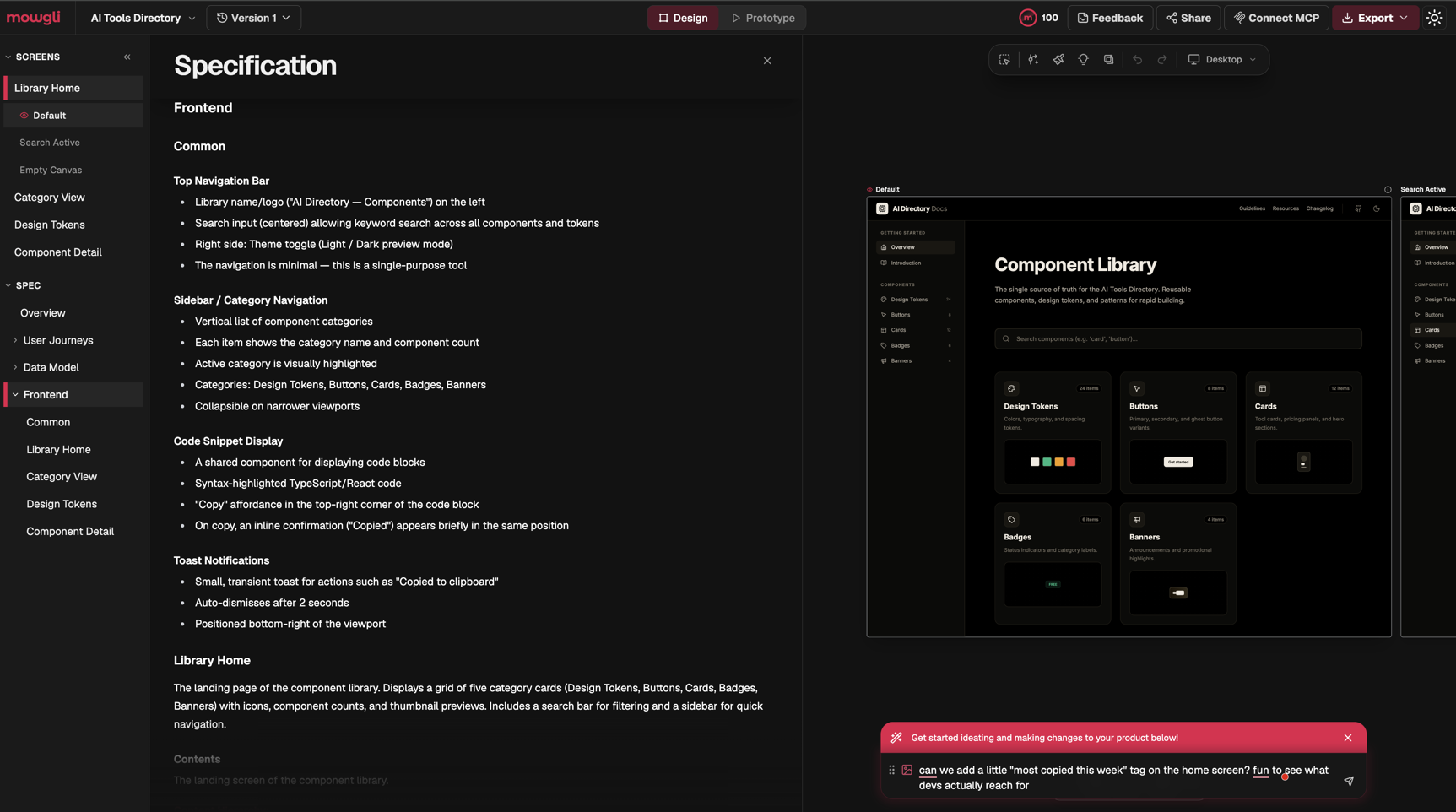 Mowgli AI app design workspace for a project called AI Tools Directory. A Specification panel lists frontend rules such as a copy button that shows Copied, and toasts that auto-dismiss after 2 seconds bottom-right, next to the generated Component Library home screen with five category cards