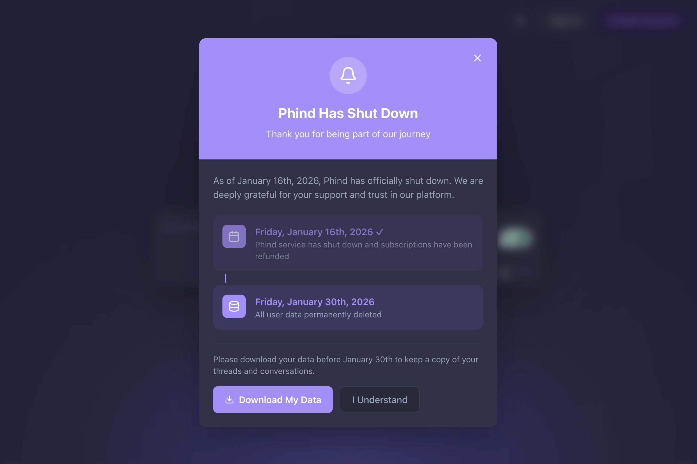 Phind shutdown notice - the final page developers saw when trying to access the service