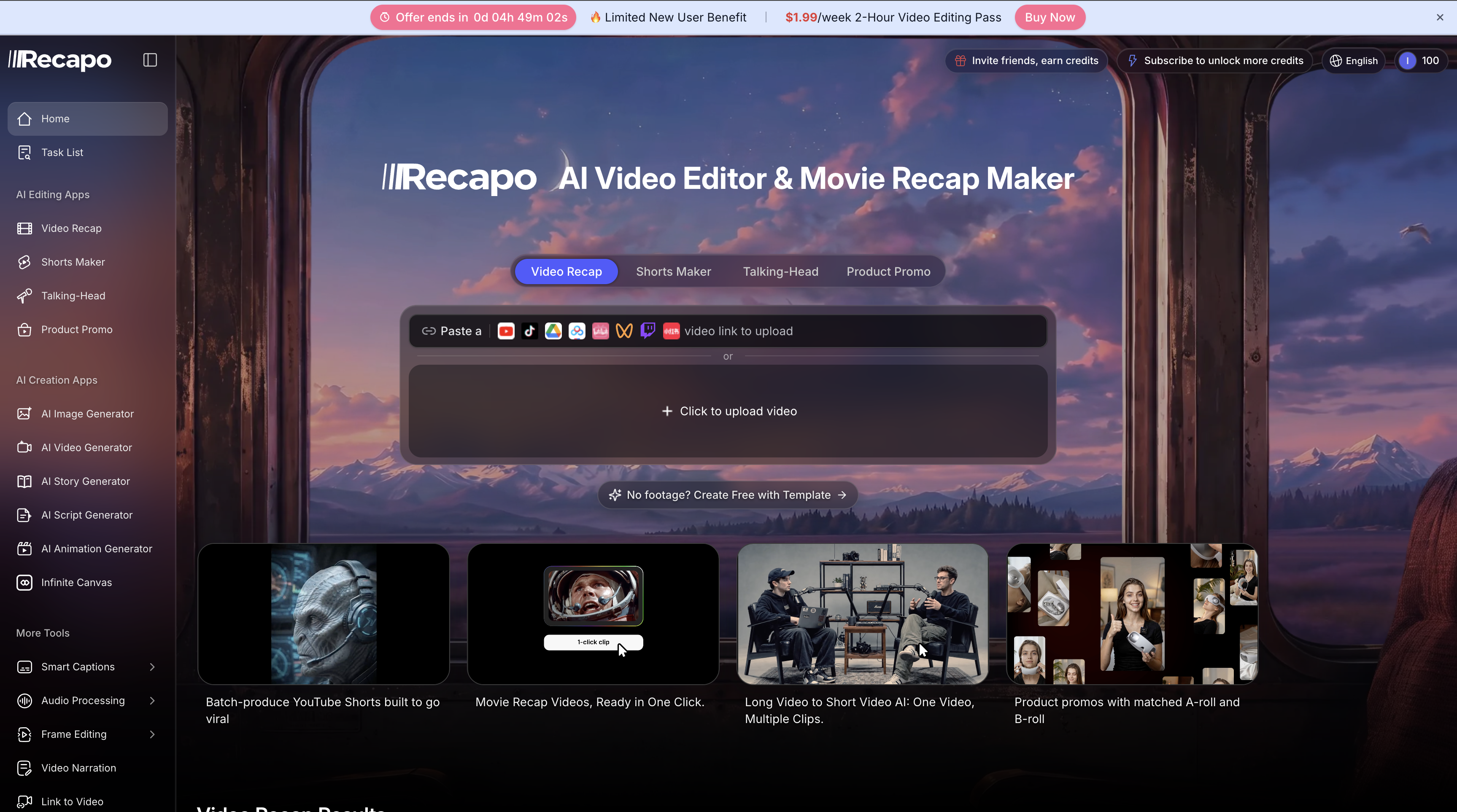 The Recapo app home. The sidebar groups four AI editing apps, Video Recap, Shorts Maker, Talking-Head and Product Promo, above a separate set of AI creation apps. The main panel offers a paste-a-video-link box or an upload, with tabs for each of the four workflows