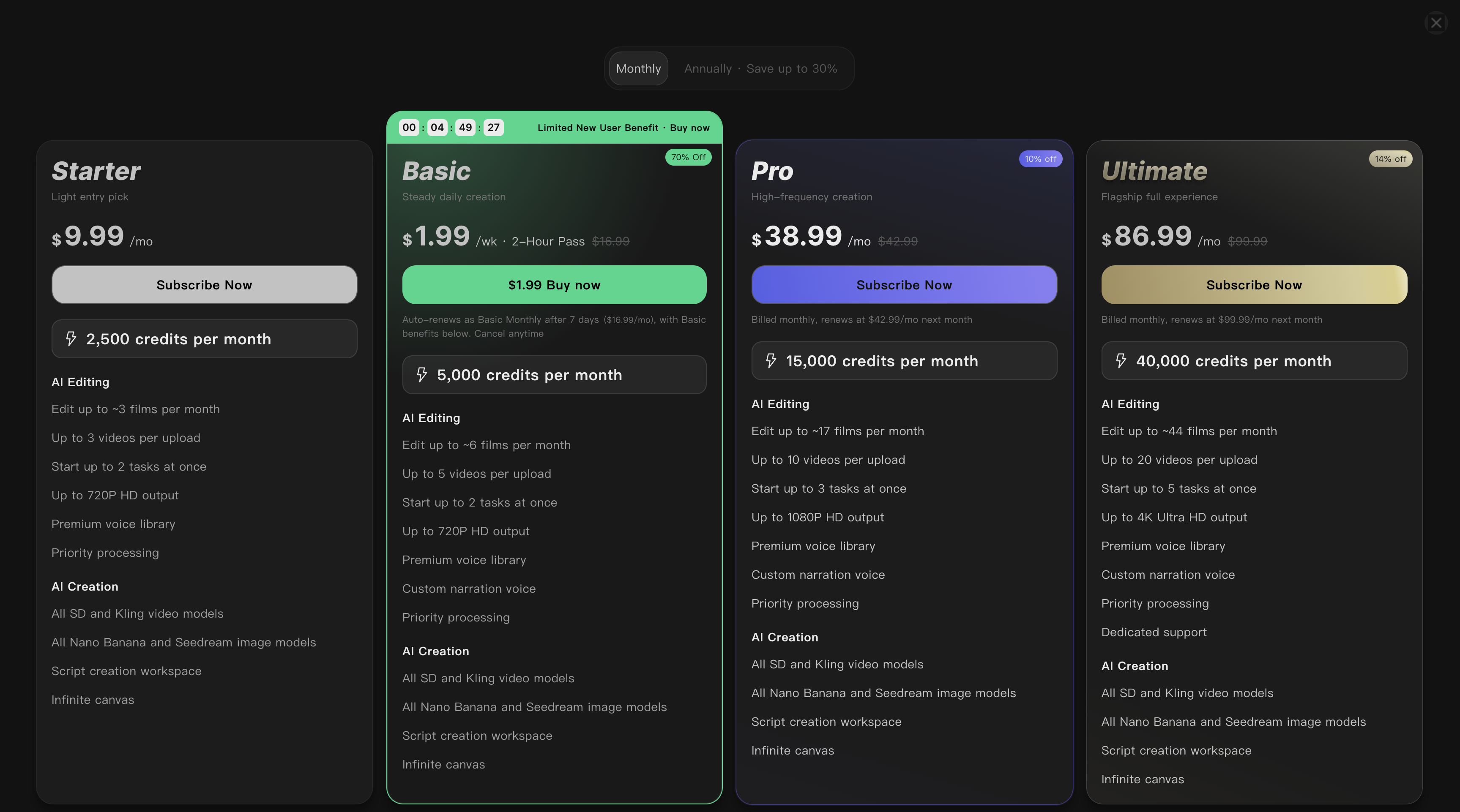 Recapo pricing with the monthly toggle selected. The Basic card carries a countdown reading 4 hours 49 minutes and says $1.99 per week for a 2-Hour Pass, with a grey line below stating it auto-renews as Basic Monthly at $16.99 after 7 days. Pro shows $38.99 and renews at $42.99, Ultimate shows $86.99 and renews at $99.99