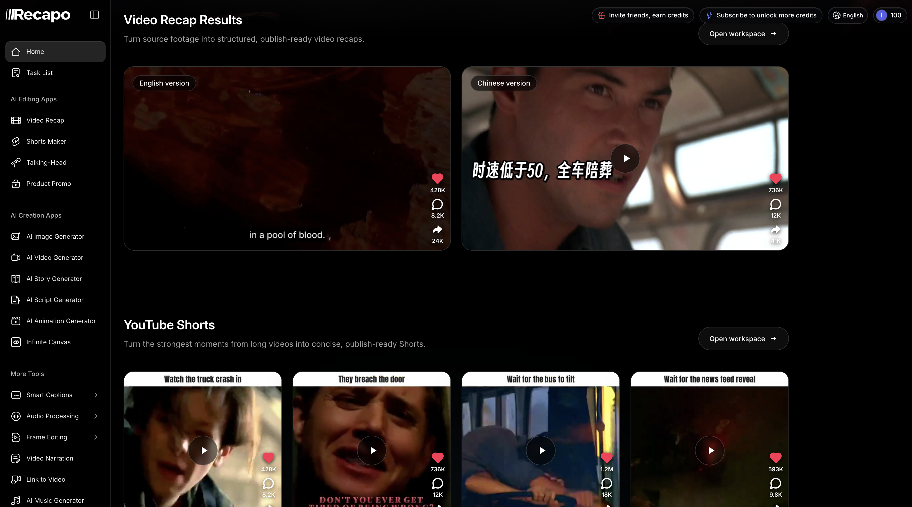 Recapo example output. A Video Recap Results row shows the same film recap in English and Chinese versions with six-figure like counts, and a YouTube Shorts row below shows four vertical clips with hook captions burned in
