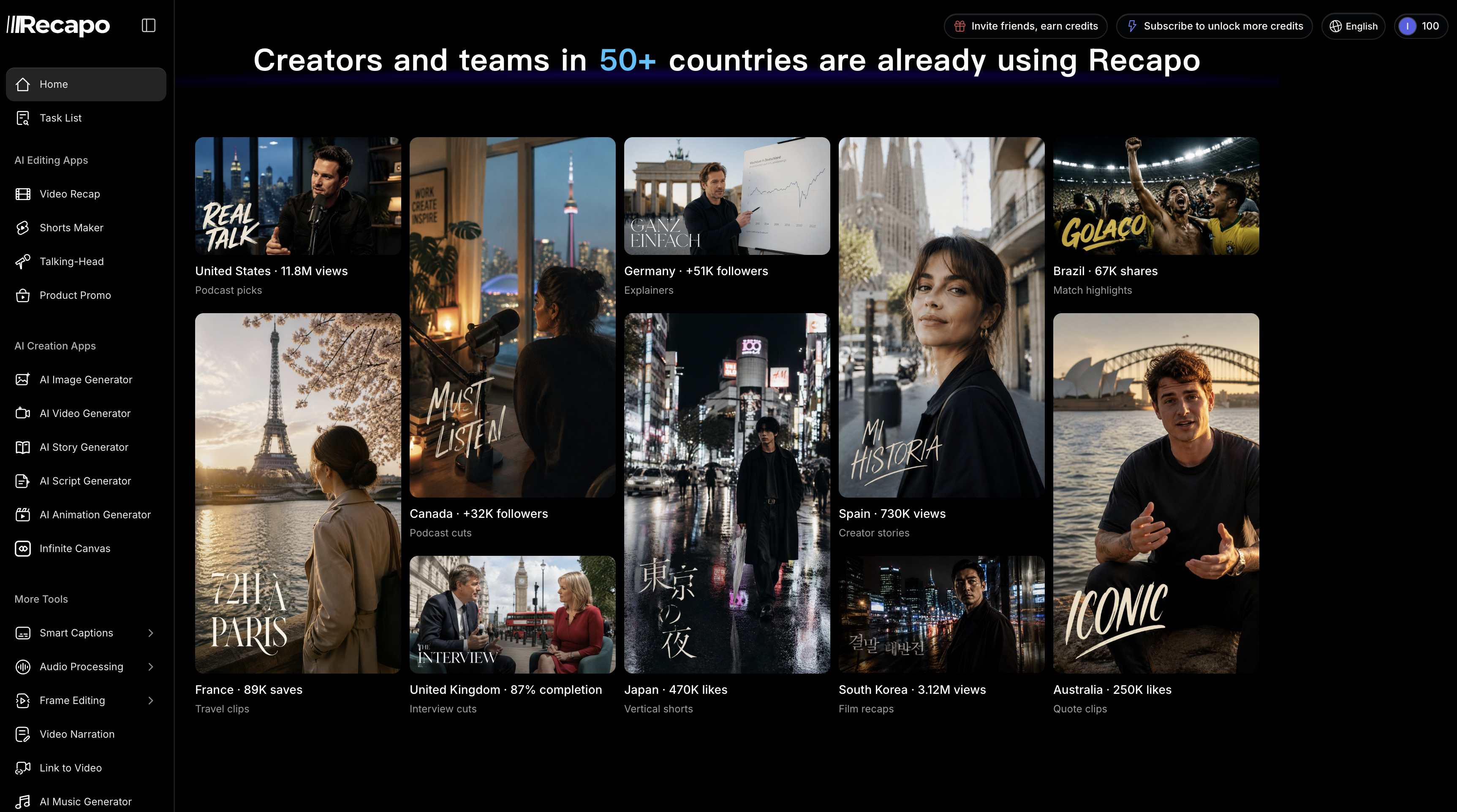Recapo's social proof section headed Creators and teams in 50+ countries are already using Recapo, a grid of ten stock-styled thumbnails each labelled with a country and a metric such as 11.8M views or 87% completion, with no methodology given