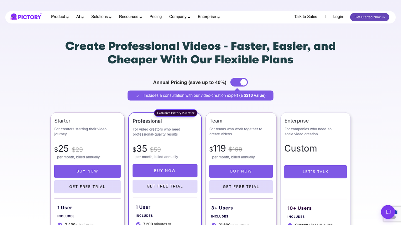 Pictory pricing page with the annual toggle switched on by default, showing $25 with the $29 monthly price struck through, and Get Free Trial buttons under every plan
