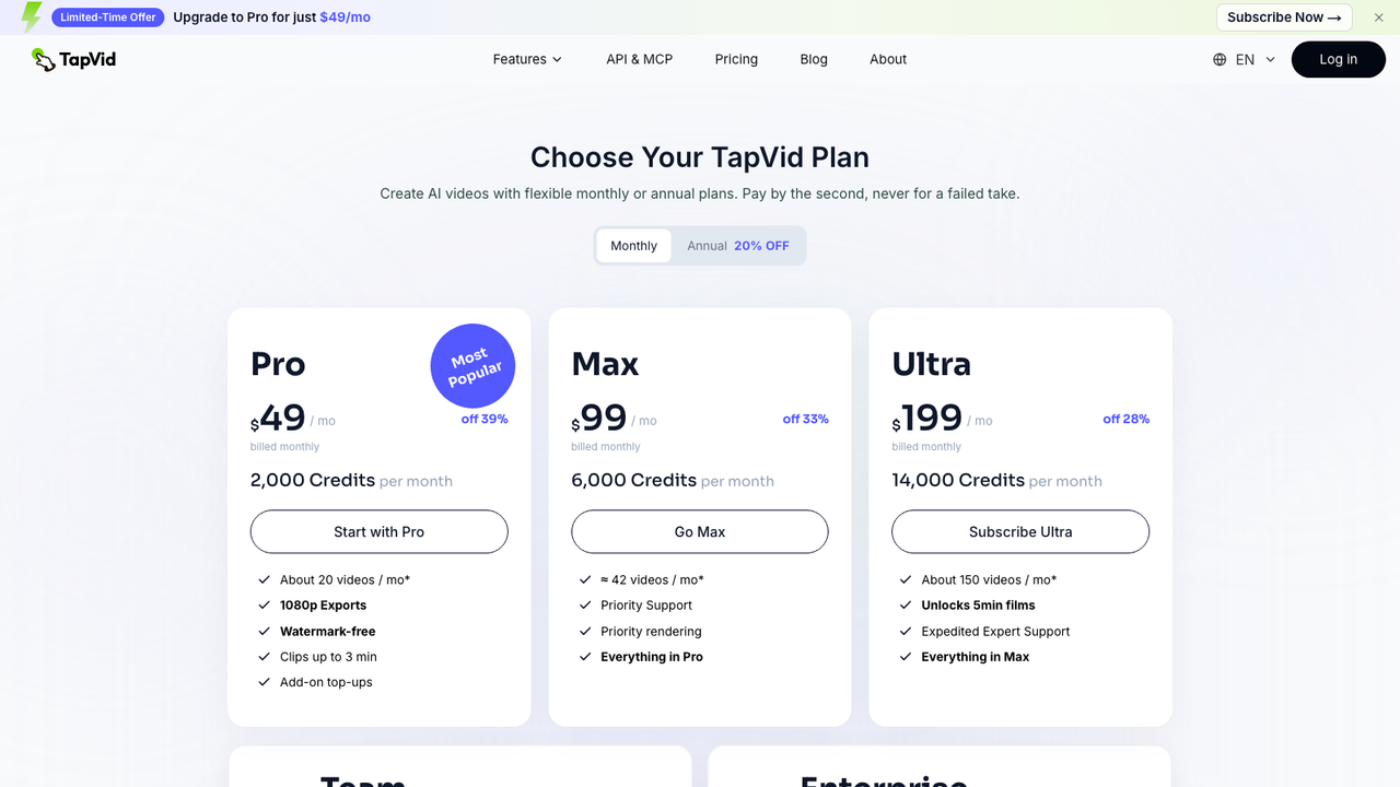 TapVid pricing showing three plans with monthly credits and an estimated number of videos per month for each