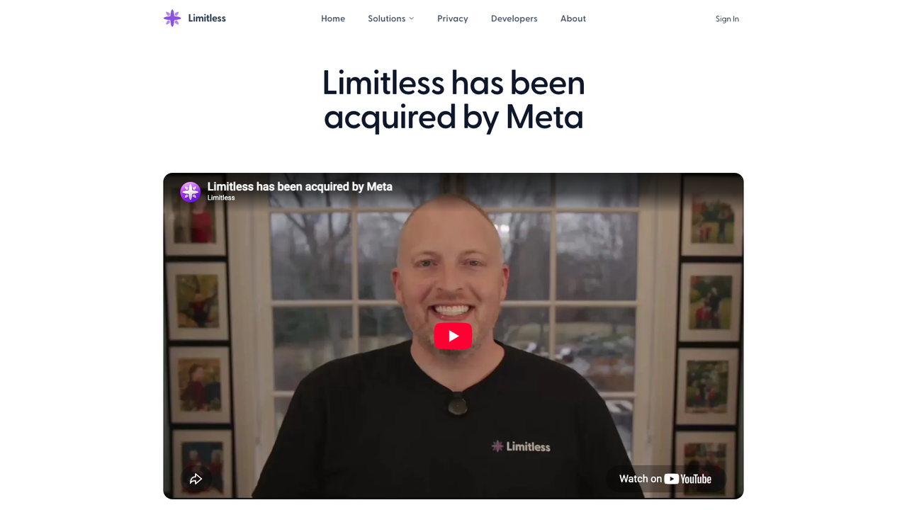 The Limitless site today, headlined Limitless has been acquired by Meta, above Dan Siroker's announcement video
