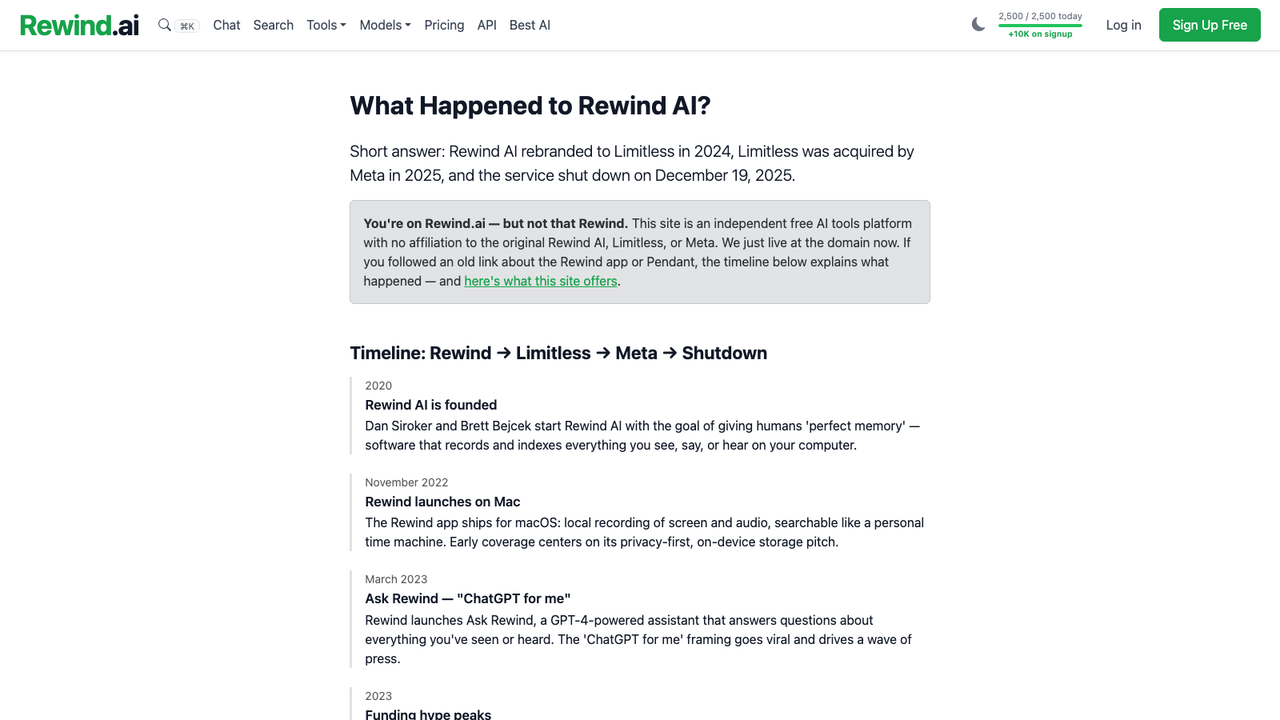 The rewind.ai disclosure page reading You're on Rewind.ai but not that Rewind, stating no affiliation with the original Rewind AI, Limitless or Meta