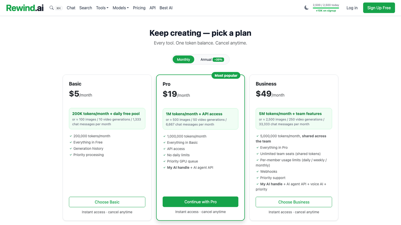 The pricing page at rewind.ai today, showing Basic $5, Pro $19 and Business $49 per month with a monthly billing toggle