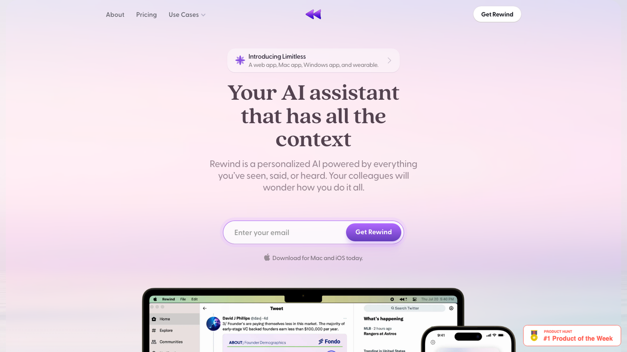 The Rewind homepage on 3 December 2025, headlined Your AI assistant that has all the context, with an Introducing Limitless banner